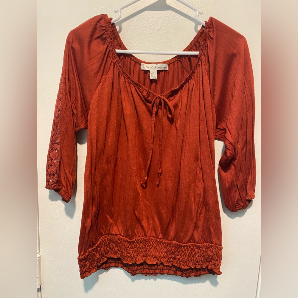 French Laundry Burnt Orange Blouse with Tie Accent